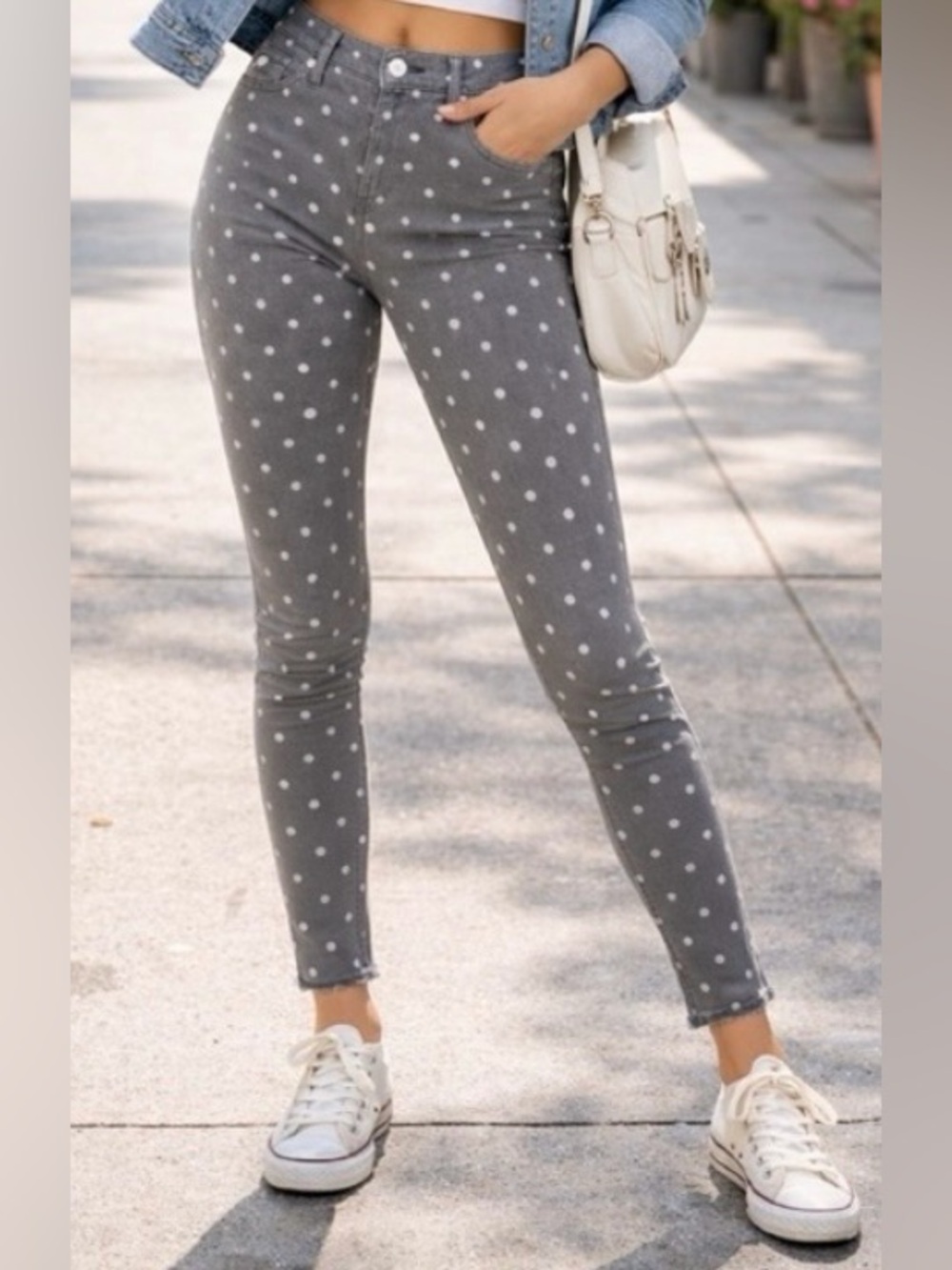 XHILIRATION Grey White Polka Dot Stretch Skinny Jeans Sz 10/ L / Jr‎ 11 Y2K